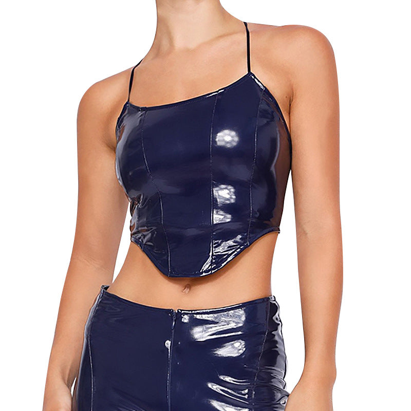 Sexy Solid Color Cropped Backless Faux Leather Camisole Women Clothing