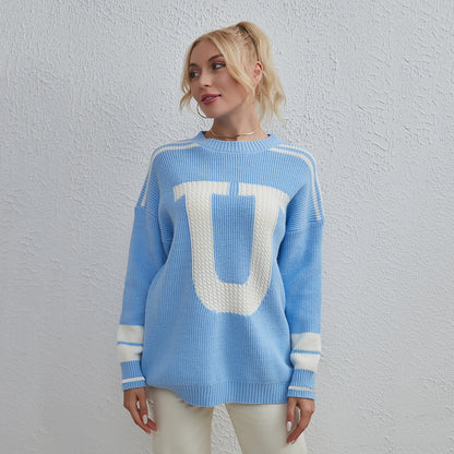 Women Long Sleeved Letter Graphic Sweater Coat Autumn Winter Women Sweater