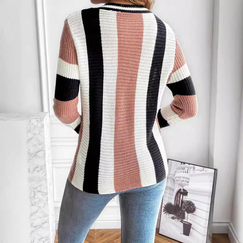 Women V Neck Sweater Classic Striped Long Sleeved Sweater Casual All Matching Tops