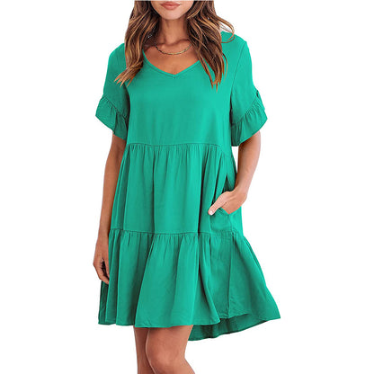 Women Summer Casual V Neck Little Girl Clothes Three Layer Pleated Dress