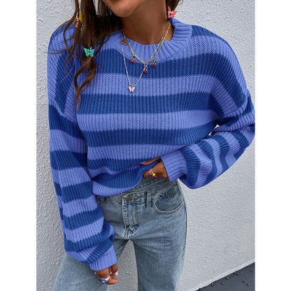 Contrast Color Striped Sweater Women round Neck Long Sleeve Loose Casual Knitted Top