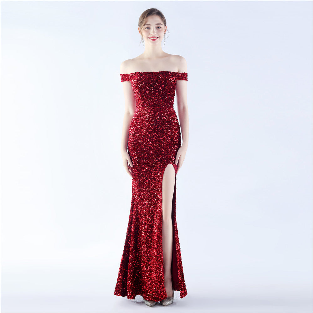 Velvet Bottom Handmade Sequin Cocktail Celebration Etiquette off Neck Evening Dress