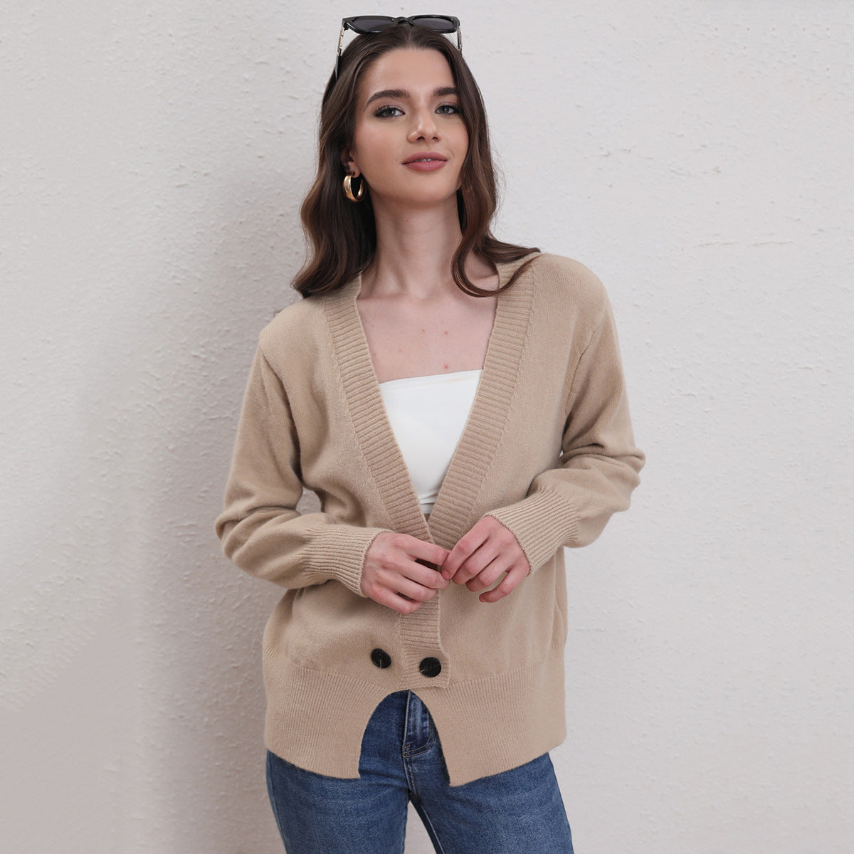 Women Clothing Women Solid Color Large V neck Knitted Button Cardigan Autumn Winter Casual Sweater Women