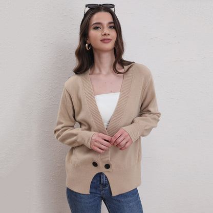 Women Clothing Women Solid Color Large V neck Knitted Button Cardigan Autumn Winter Casual Sweater Women