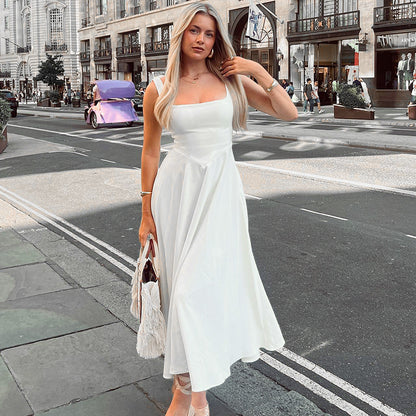 Women Clothing Summer Elegant Solid Color Sling Backless High Waist Maxi Dress