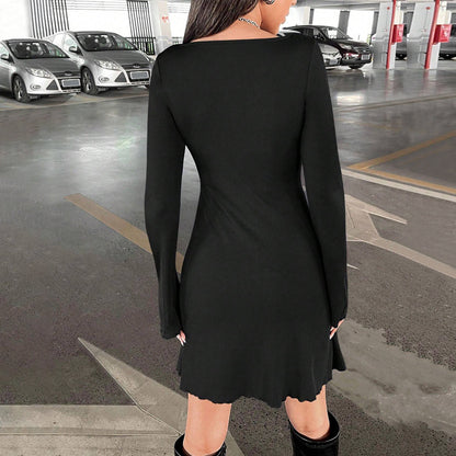 Simple U Collar Dress Autumn Winter High Waist Slim Fit Figure Flattering Hip Dress Women