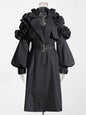 Office Mid Length Trench Coat Collared Long Sleeve Ruffled Slim Fit Patchwork Thin over the Knee Coat Women