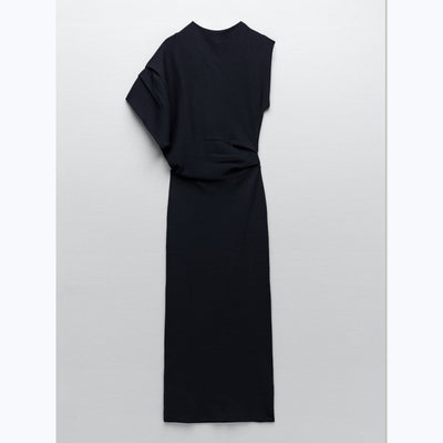 Early Autumn Asymmetric Fold Niche Tight Waist Show Thin Black Knitted Maxi Dress Women