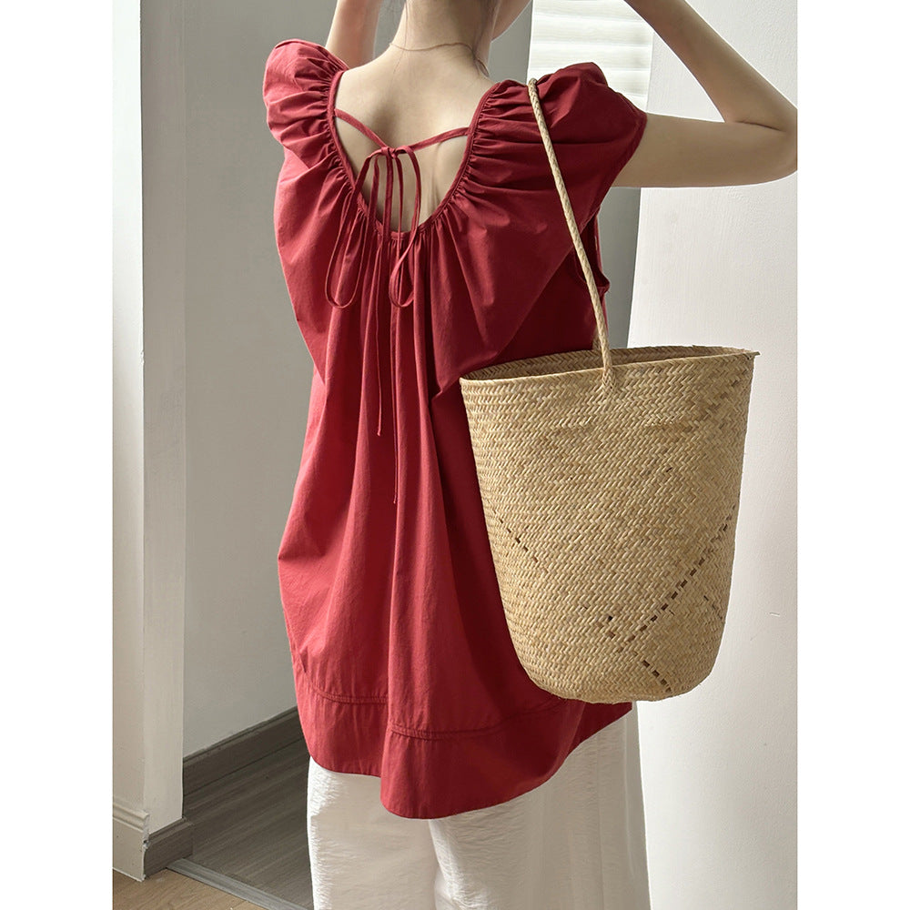 Solid Color Round Neck Backless Lace Up Doll Shirt Summer Loose Mid Length Top Women