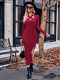Autumn Winter Women Clothing Casual Halterneck Long Sleeved Split Solid Color Maxi Dress