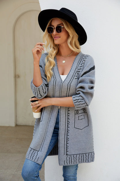 Long Sweater Coat Jacquard All Matching Lazy Knitted Loose Autumn Winter Knitted Cardigan Women