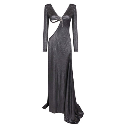 Summer Sexy Women Wear Black Long Sleeve Scorpion Backless Slit Silver Silk Dress