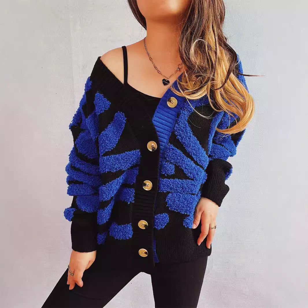 Autumn Winter V Collar Contrast Color Irregular Asymmetric Zebra Pattern Cardigan Coat Sweater Women