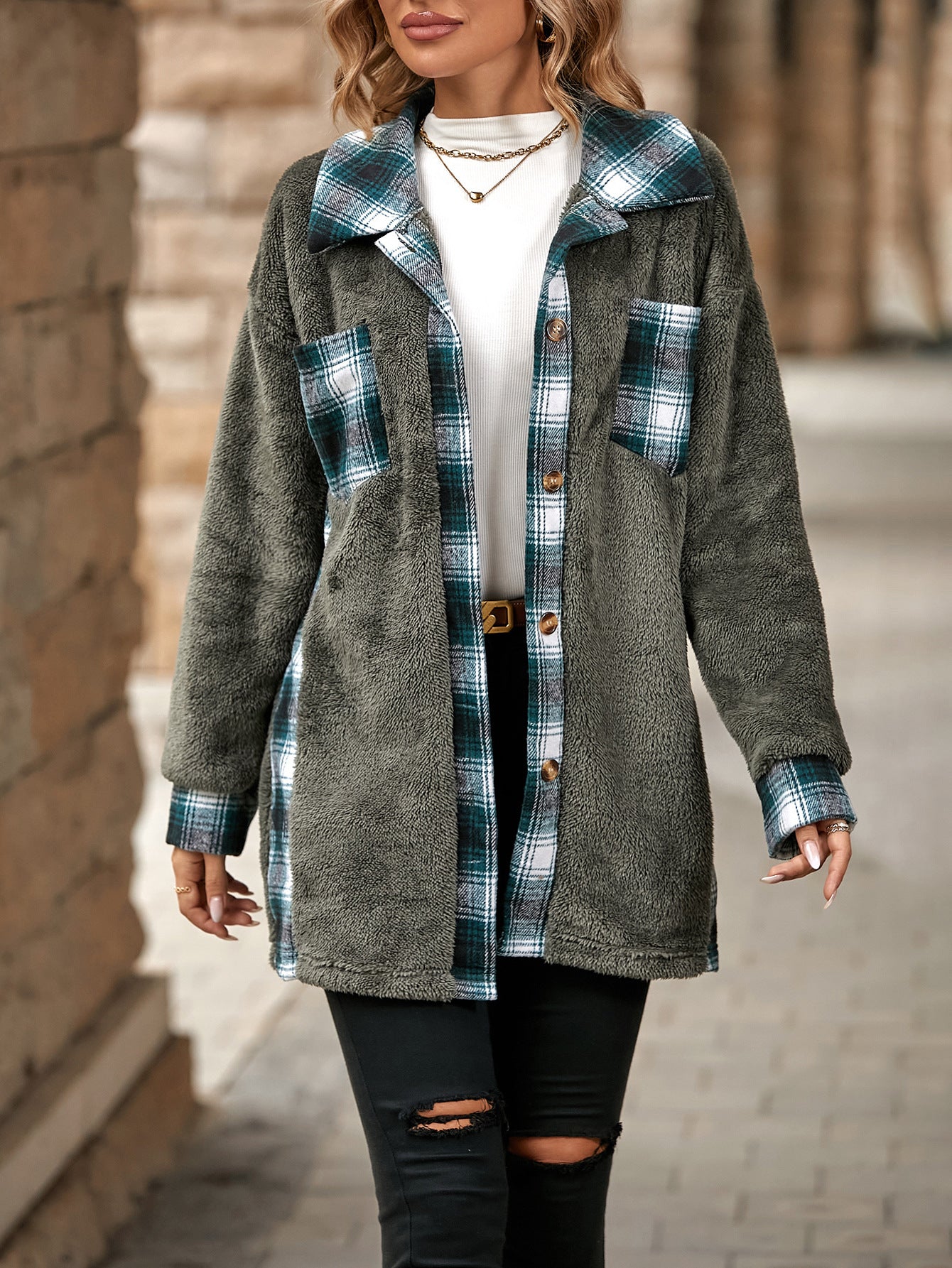 Women Clothing Autumn Winter Single-Breasted Collared Mid Length Plaid Plush Coat