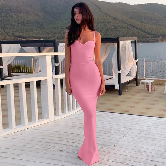 Summer Women Clothing Solid Color Halter High Waist Slim Dress