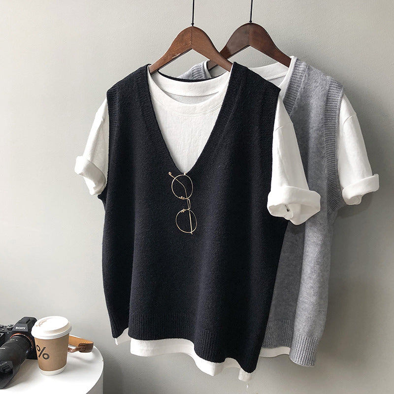 Knitted Vest Women Spring Preppy V neck Loose Idle Sleeveless Waistcoat