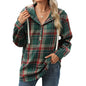 Autumn Winter Loose Long Sleeve Hooded Button Plaid Coat Sweatshirt Women