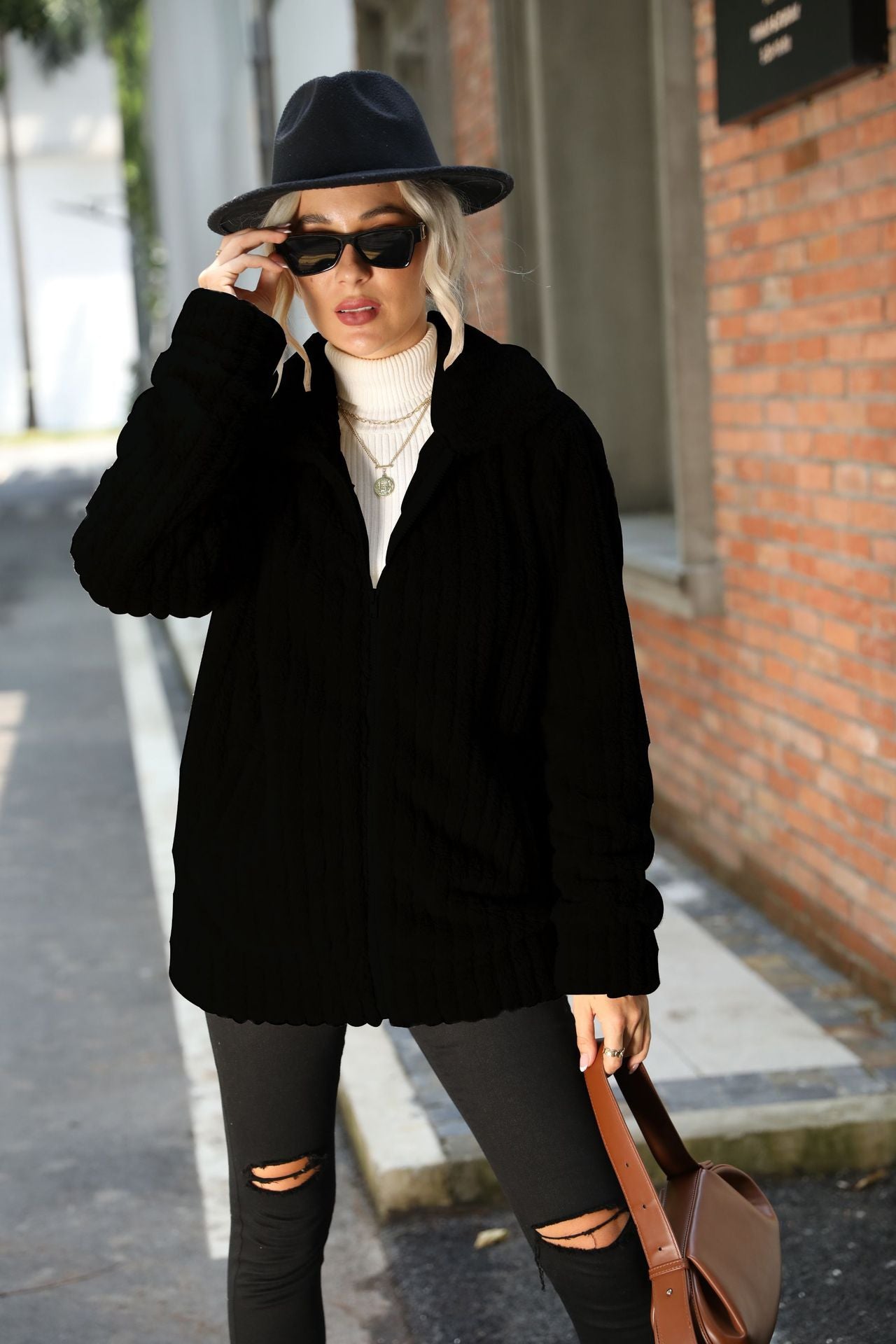 Ladies Collared Sunken Stripe Long Sleeve Zipper Solid Color Mid Length Plush Coat