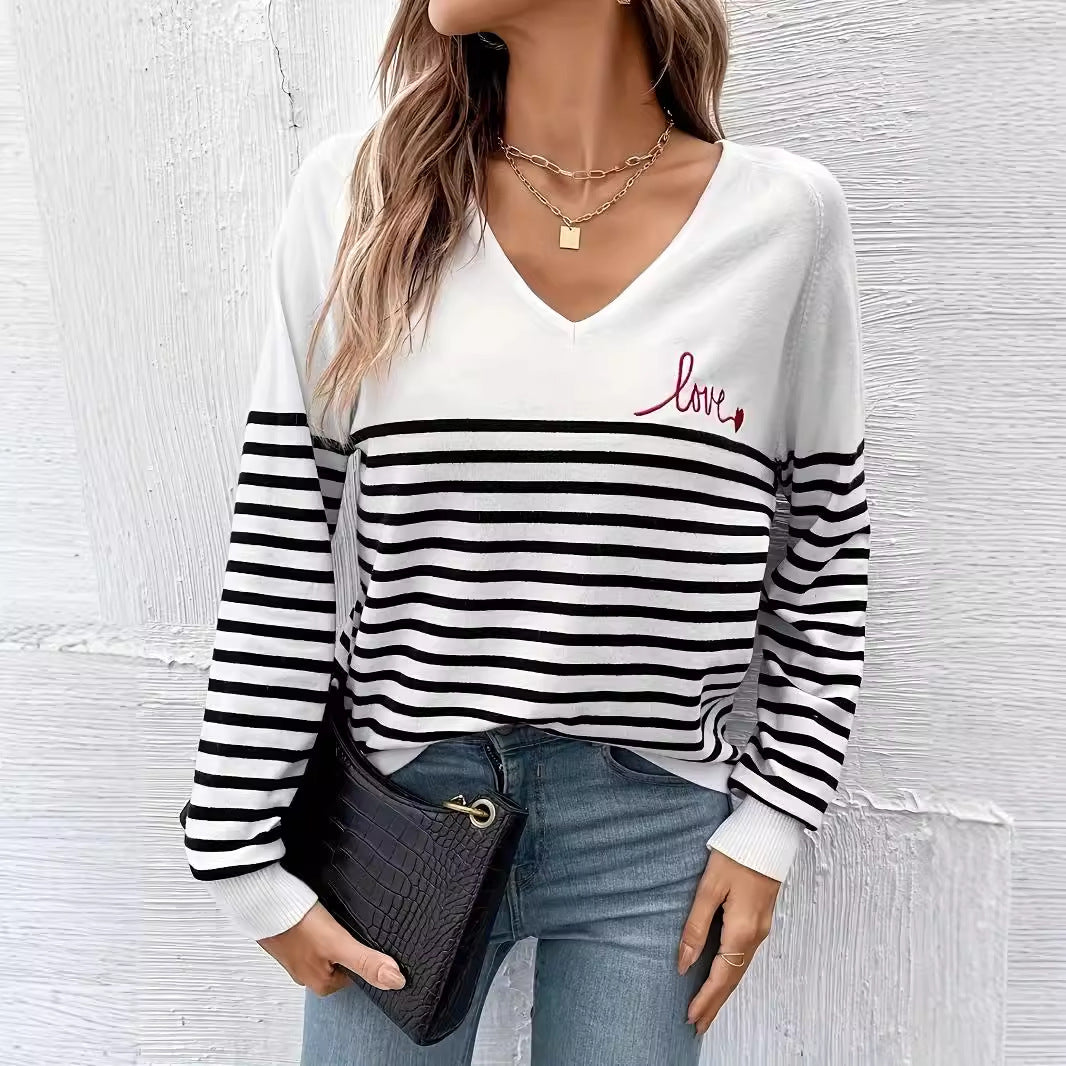 Autumn Winter Casual Slimming Stripes V neck Sweater Pullover