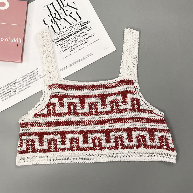 Retro Concave Convex Pattern Knitted Vest Camisole Women Short Summer Color Matching Crocheted Cutout Top