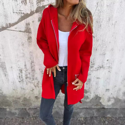 Autumn Winter Women Clothing Long Sleeve Hooded Loose Casual Mid Length Cardigan Coat for Women