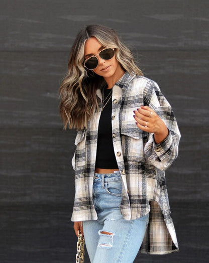 Autumn Winter Long Sleeve Loose Plaid Shirt Woolen Coat for Women