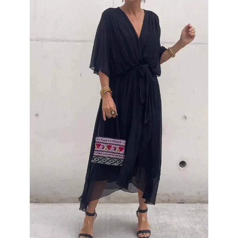 Women Clothing Solid Color Tied Maxi Dress Batwing Sleeve Irregular Asymmetric Dress