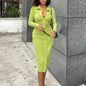 Autumn Pleated One Step Solid Color Elegant Office Knitted Mid Length Dress Women
