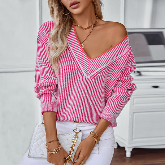 V neck Striped Sweaters Women Clothing Autumn Winter Casual Pullover Loose Sweater