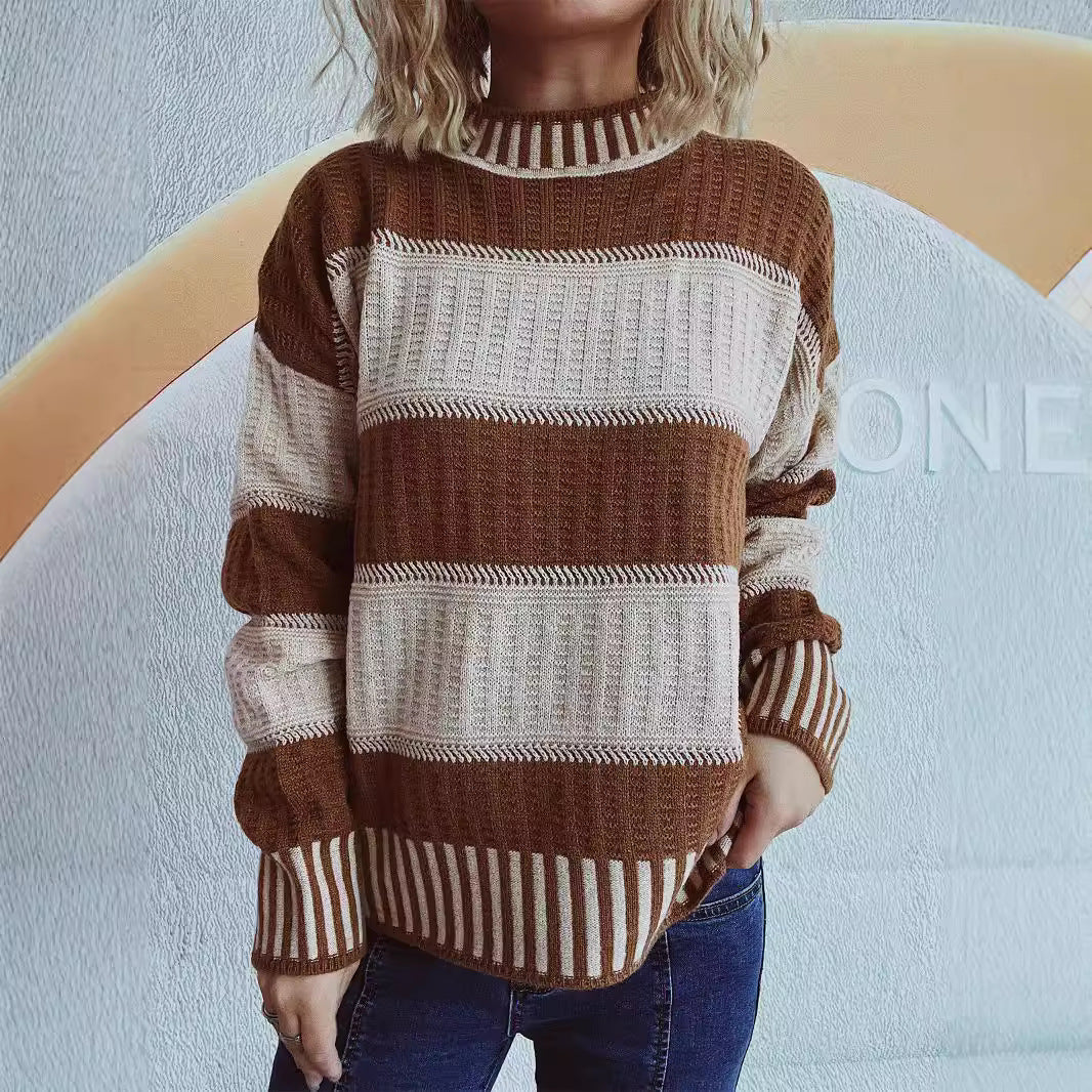 Autumn Winter Striped Contrast Color Half Turtleneck Sweater Loose Casual Office Sweater for Women