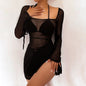 Women Clothing Spring Summer Solid Color Mesh Long Sleeve Split Short Dress for Women