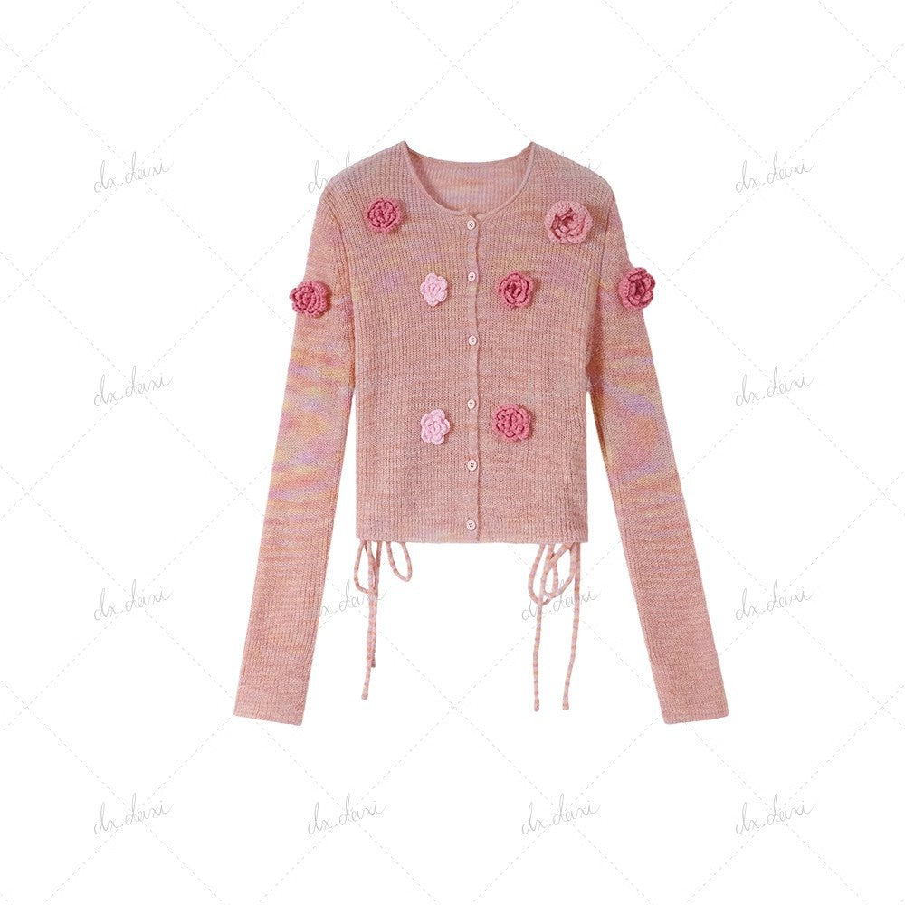 Handmade Outline Pink Floral Long Sleeve Thin Sweater for Women Spring Wild Cardigan Top