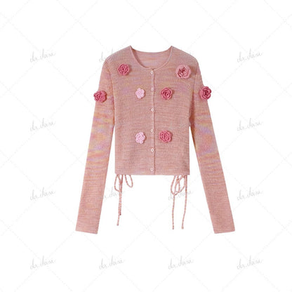 Handmade Outline Pink Floral Long Sleeve Thin Sweater for Women Spring Wild Cardigan Top