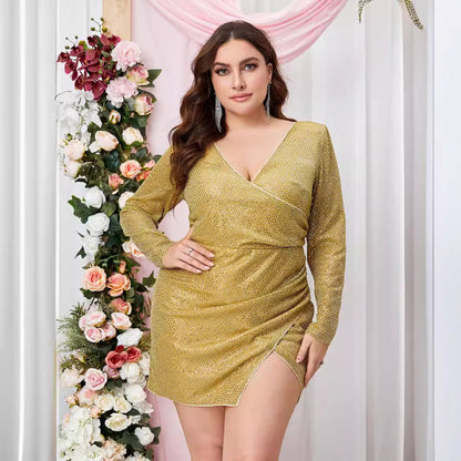 Plus Size Women Clothing Sequined Deep V Plunge Waist Design Slit Hemline at Hem Long Sleeve Dress