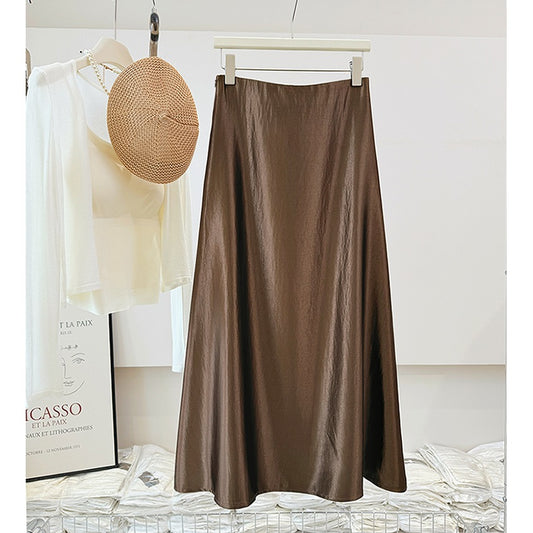 Silky Double Sided Satin Pleated Texture Skirt Fall Long A Line High Waist Sheath Floor Length Dress