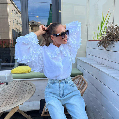 Women Clothing Early Spring Court Lantern Sleeve Women Shirt Casual Doll Collar Cotton White Shirt