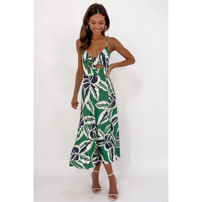 Sundress Spring Summer Leaves Tropical Floral Print Fresh Sweet Tie-Neck Strap Dress