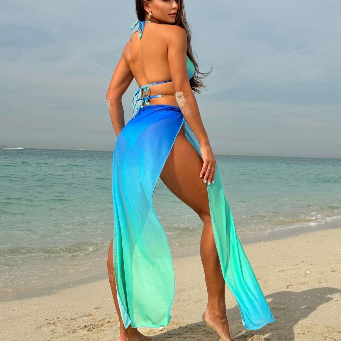 Gradient Mesh Maxi Dress Drawstring Banded Bikini Bikini Three Piece Swimsuit