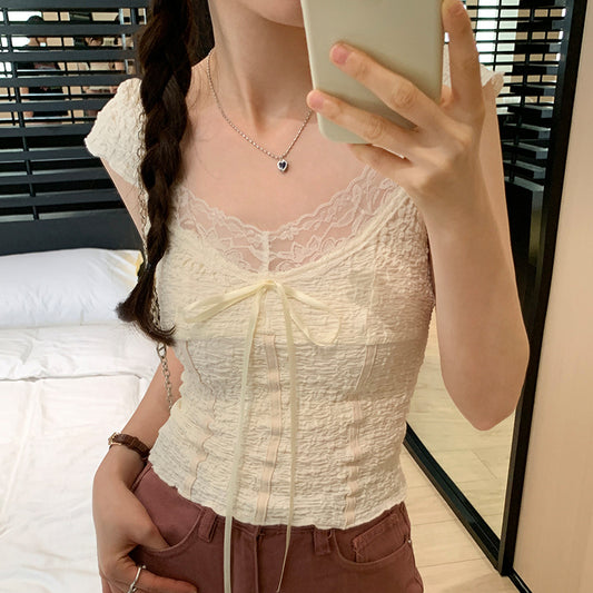 French Sexy V Neck Lace Camisole Women Outer Wear Summer Sexy Collarbone Sexy Sleeveless T Shirt Short Top