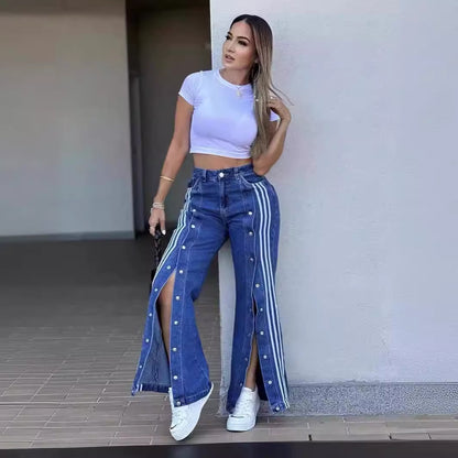 Denim With Three Stripes Wide Leg Loose Jeans Casual Elastic Straight Trousers