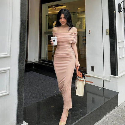 Spring Off Shoulder Pleated Dress Slim Fit Slimming Slit Bottoming Formal Dress