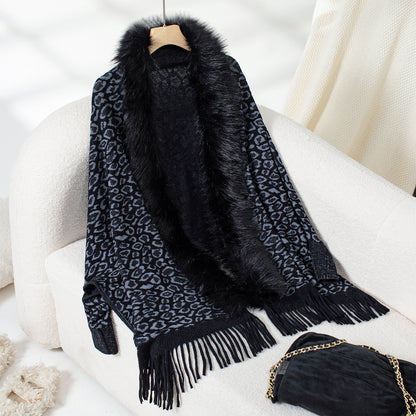 Leopard Print Fur Collar Shawl Knitted Coat Autumn Winter Loose Batwing Sleeve Sweater Cape Cardigan Women