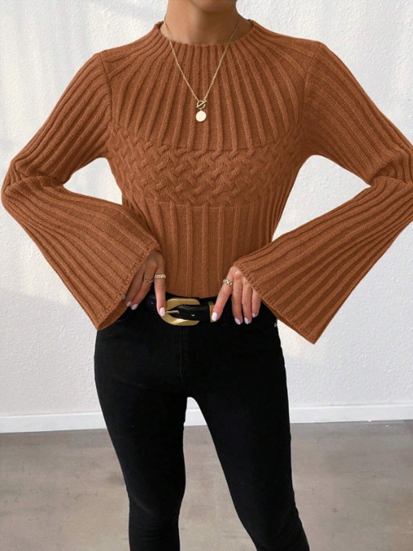 Women Clothing Sweater Pullover round Neck Flared Sleeves Top Twist Thread Solid Color Sweater