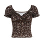 French Socialite Vintage Floral Printed V neck Puff Sleeve T shirt Mature Elegant Fitted Waist Bowknot Lace up Top