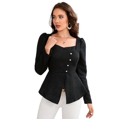 Black White Shirt Long Sleeve Spring Autumn Square Neck Cinched Pullover Top Women Shirt