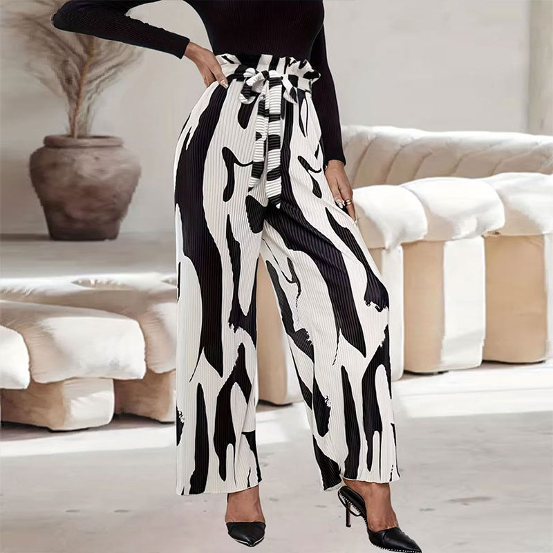 Summer Elegant Pleated Printed Waist Wide Leg Pants with Belt Office Contrast Color Casual Pants Women Trousers