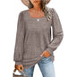 Women Autumn Winter Loose Casual Puff Sleeve Square Collar Long Sleeve T shirt