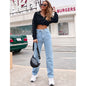 Women Clothing High Waist Black Denim Straight Leg Trousers Autumn Winter