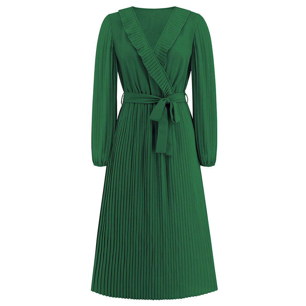 Autumn Winter Ruffled V Neck Long Sleeved Pleated Dress Slim Fit Elegant Dress Women