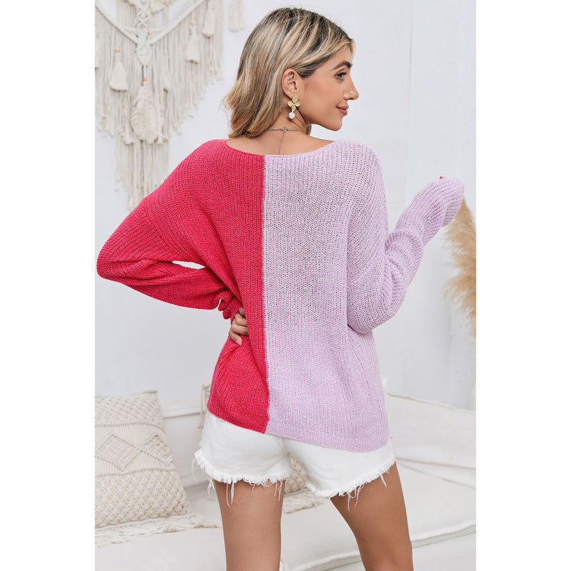 Autumn Winter Color Matching V neck Pullover Sweater Women Casual Loose All Match Knitted Long Sleeved Top for Women